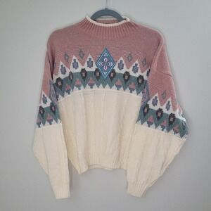 62 East Vintage 80s Pink Cream Fair Isle Cable Knit Mock Neck Sweater Size 8